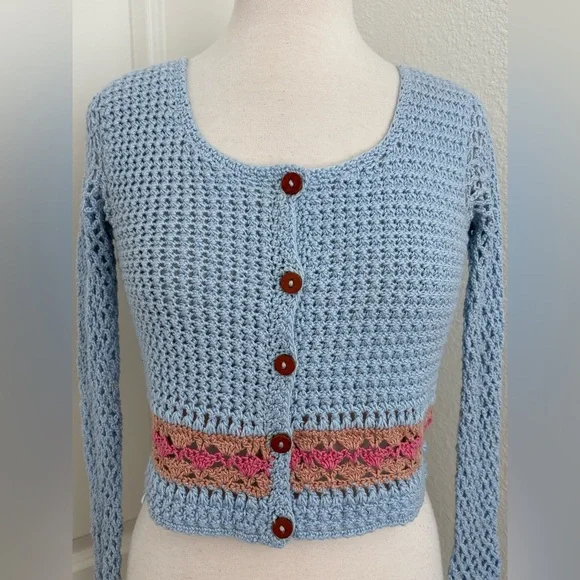 Hand Crochet Cropped Cardigan Sweater XS/S Coquette Cottagecore Boho Granny - Picture 2 of 7